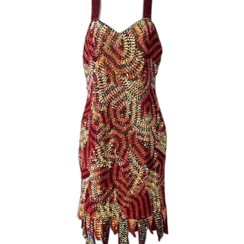 Vintage Glamour Costumes Show Choir Dress - Red & Gold Sequin Fringe -Mid-Length